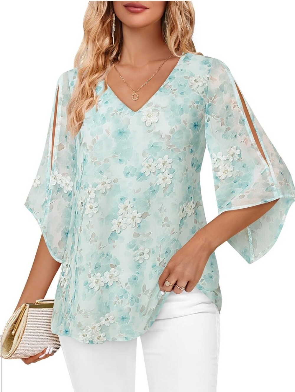 Women’s Floral V-Neck Split-Sleeve Chiffon Tunic Top in Aqua
